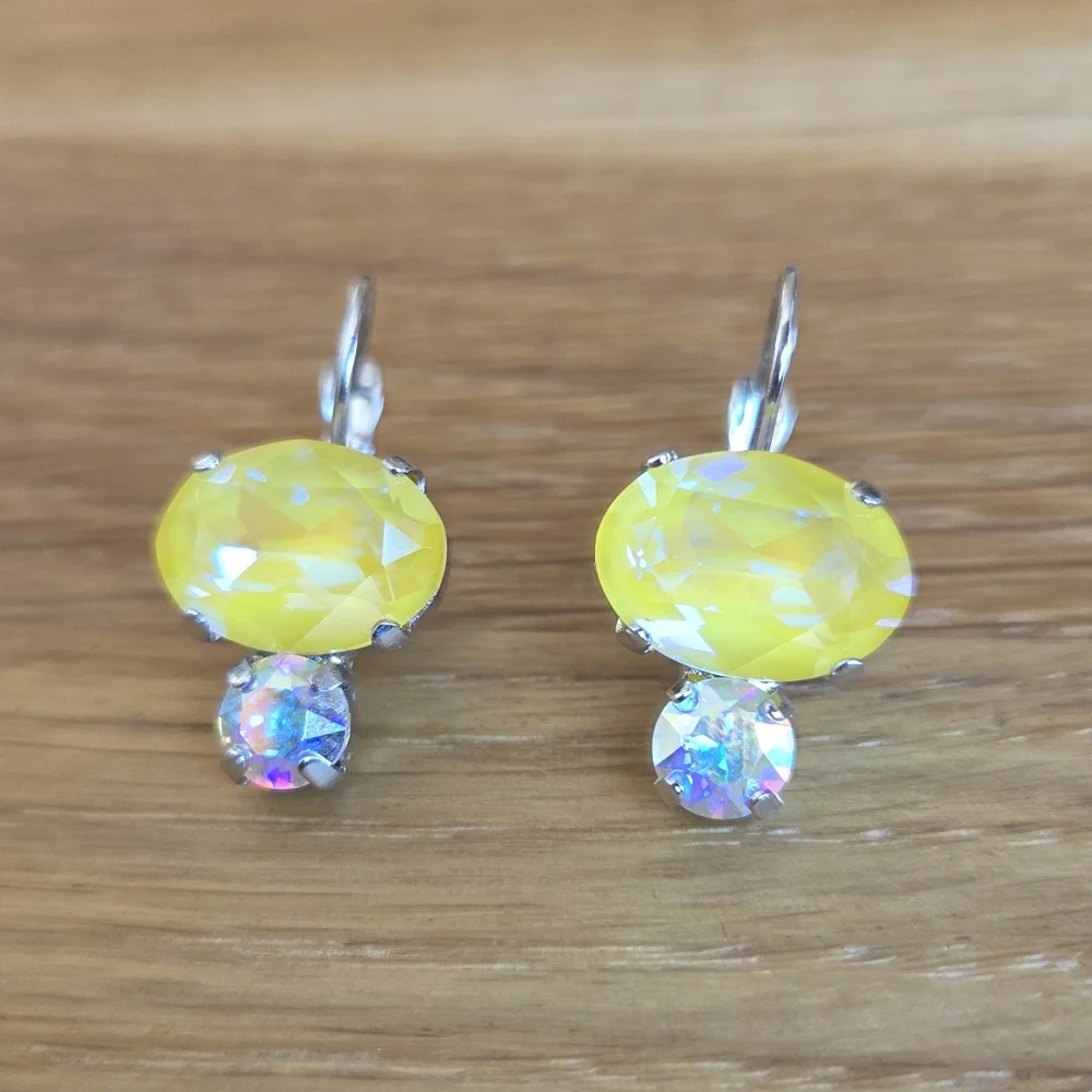 Silver Leverback Earrings with Yellow Sunshine Delite Crystals - Hand Crafted